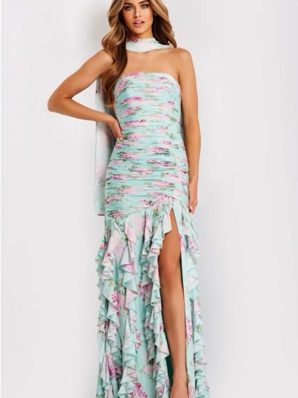 Jovani 47580 Mint and Pink Floral Strapless Ruffle Maxi Dress size 4 NWT